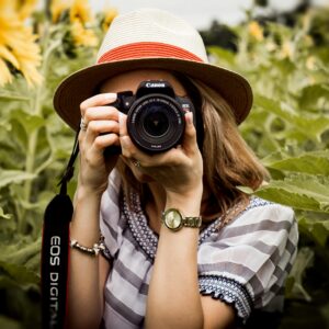 Woman with hat photographing sunflowers in a summer field using a Canon camera.